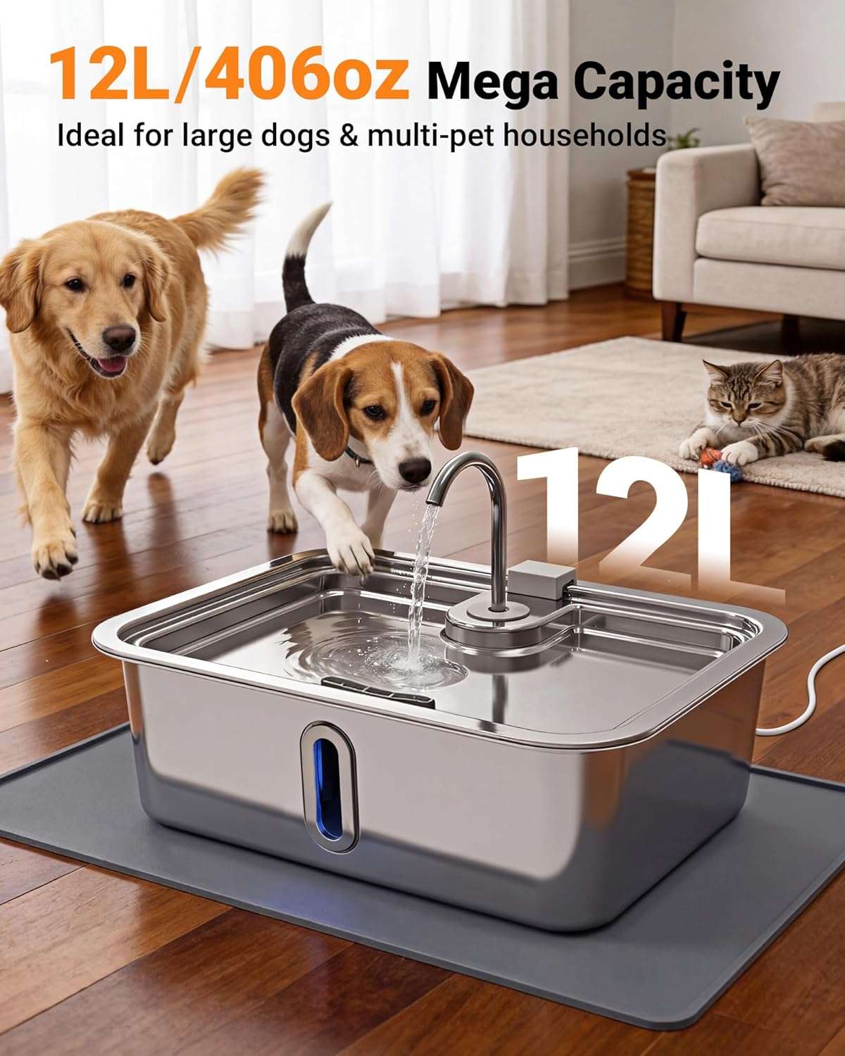 fuente de agua para perros grandes en acero inoxidable con alfombrilla y medidas de 42.49 por 32.51 por 25.30 centimetros