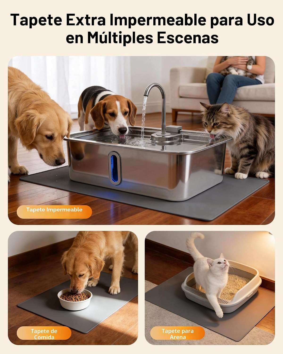 fuente de agua para perros grandes en acero inoxidable con alfombrilla y medidas de 42.49 por 32.51 por 25.30 centimetros