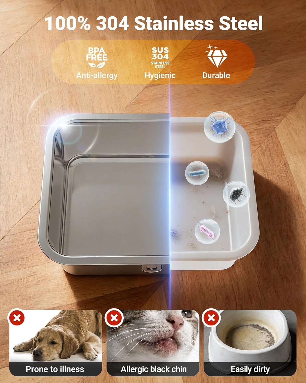 fuente de agua para perros grandes en acero inoxidable con alfombrilla y medidas de 42.49 por 32.51 por 25.30 centimetros