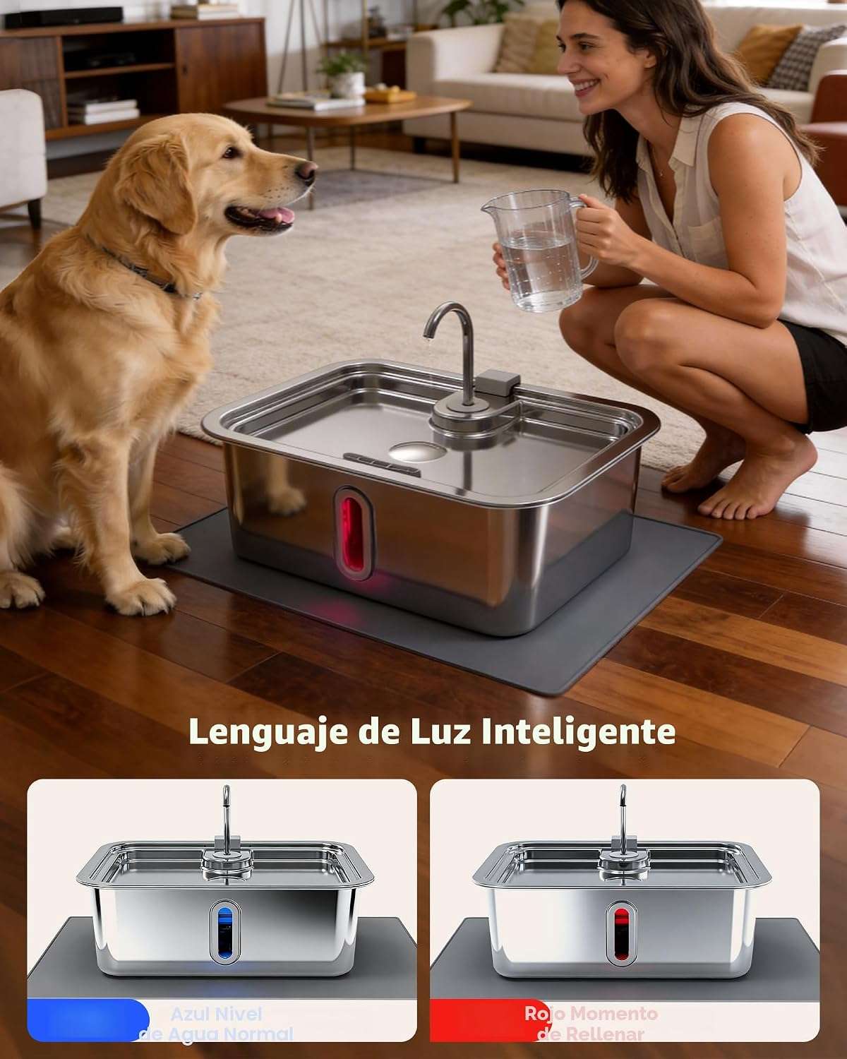 fuente de agua para perros grandes en acero inoxidable con alfombrilla y medidas de 42.49 por 32.51 por 25.30 centimetros