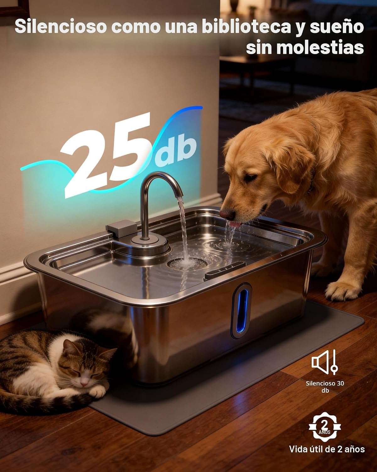 fuente de agua para perros grandes en acero inoxidable con alfombrilla y medidas de 42.49 por 32.51 por 25.30 centimetros