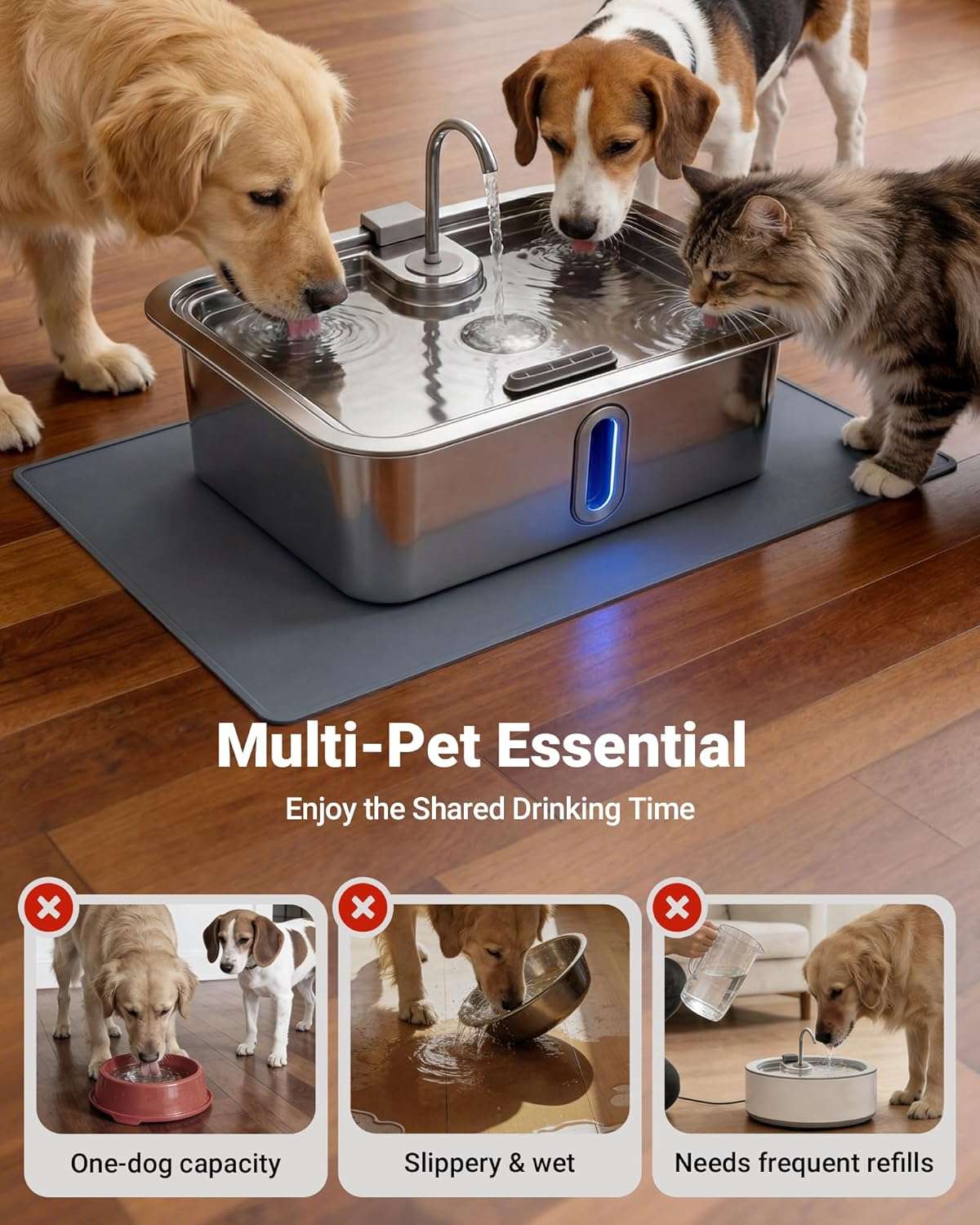 fuente de agua para perros grandes en acero inoxidable con alfombrilla y medidas de 42.49 por 32.51 por 25.30 centimetros