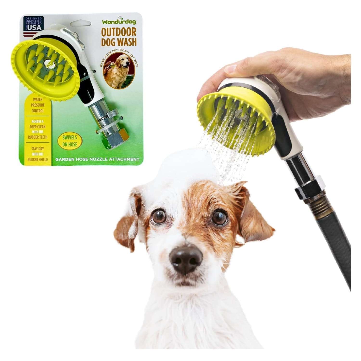 Cepillo de baño para perros al aire libre con boquilla para manguera, protector de salpicaduras y control de presión.