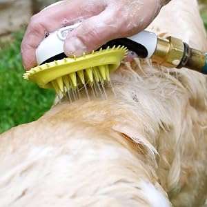 Cepillo de baño para perros al aire libre con boquilla para manguera, protector de salpicaduras y control de presión.