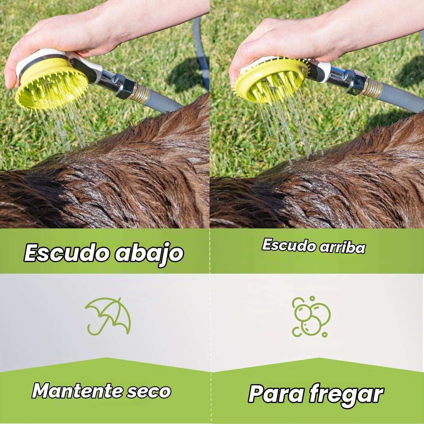 Cepillo de baño para perros al aire libre con boquilla para manguera, protector de salpicaduras y control de presión.
