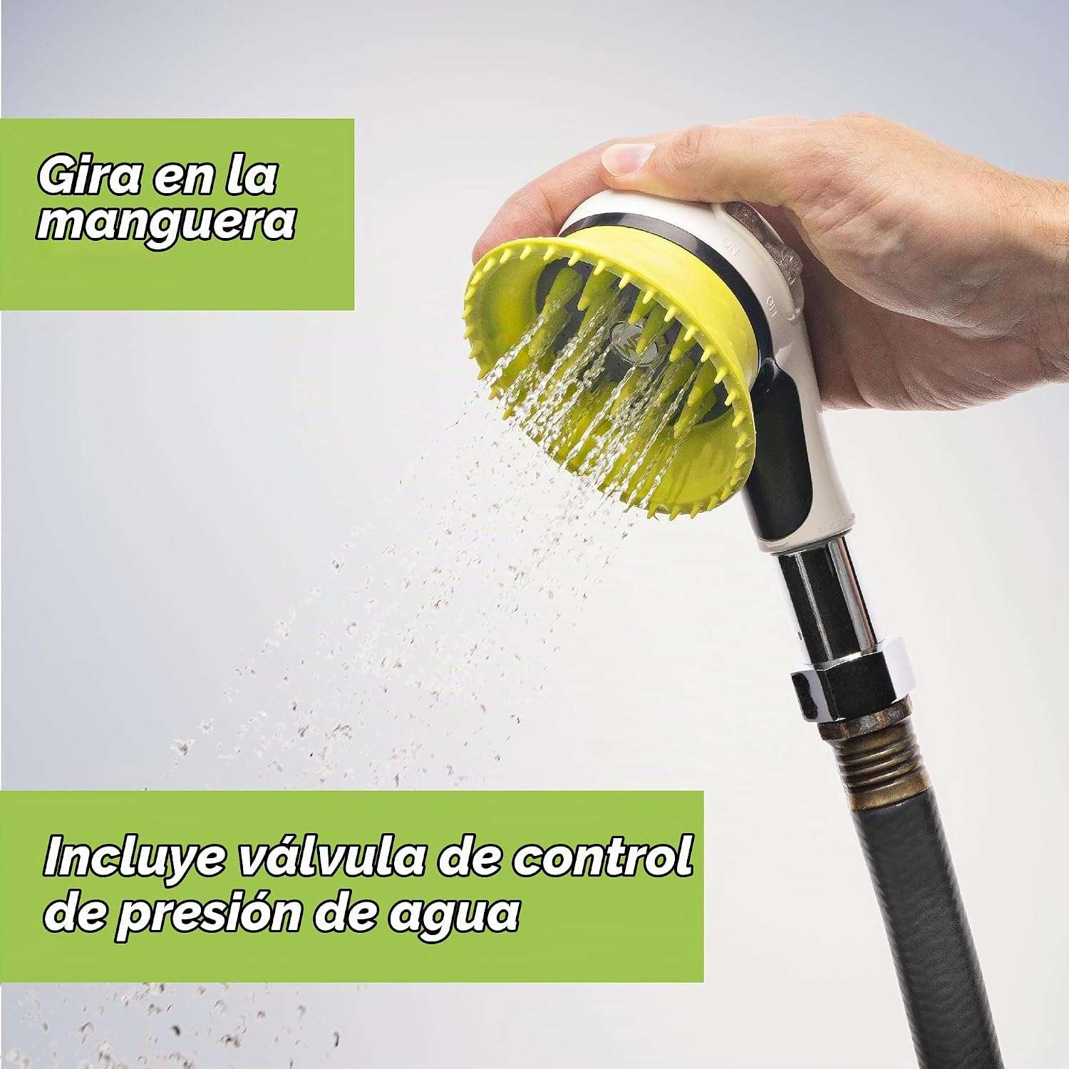 Cepillo de baño para perros al aire libre con boquilla para manguera, protector de salpicaduras y control de presión.