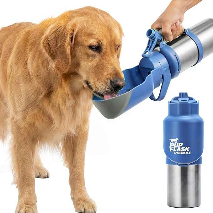 botella termica portatil de agua para perros en acero inoxidable con tazon abatible integrado y diseño a prueba de derrames
