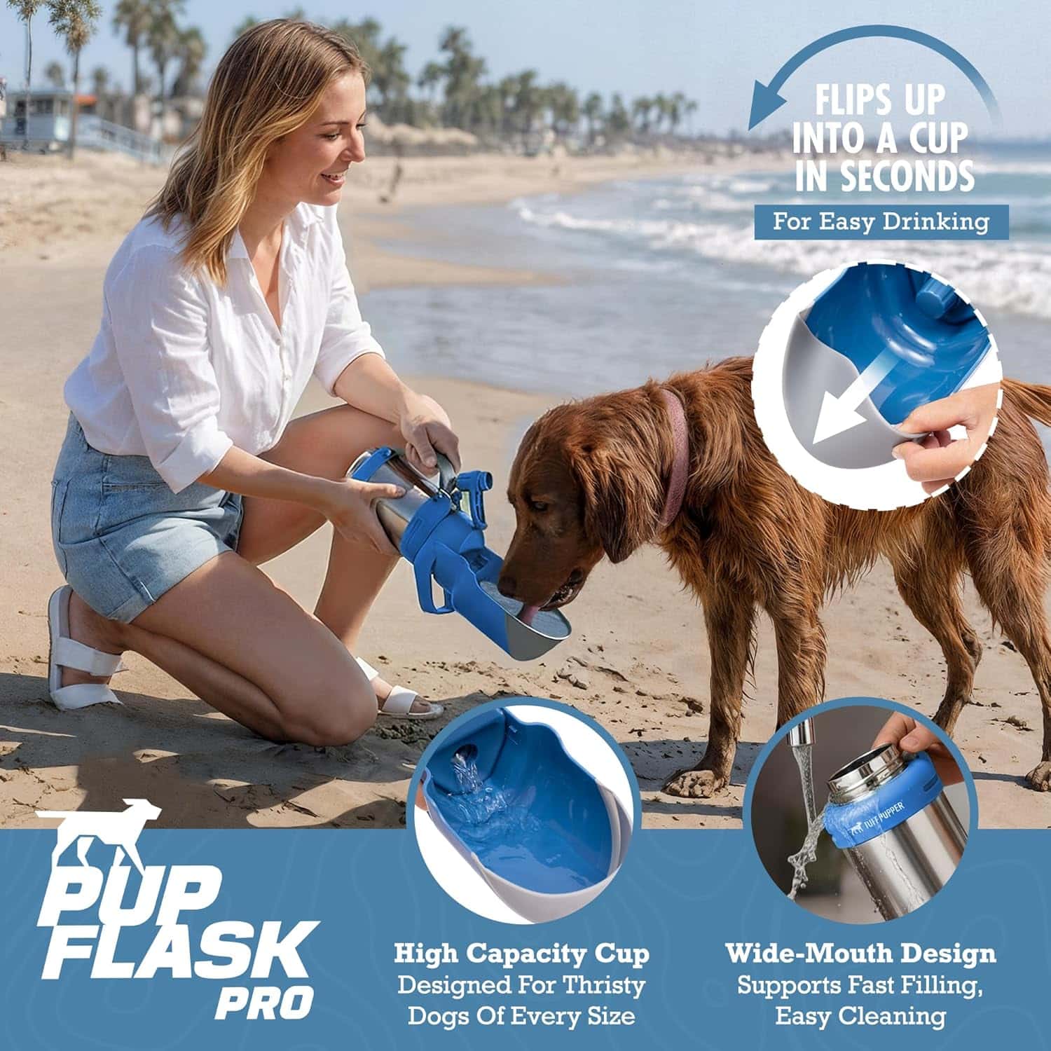 botella termica portatil de agua para perros en acero inoxidable con tazon abatible integrado y diseño a prueba de derrames
