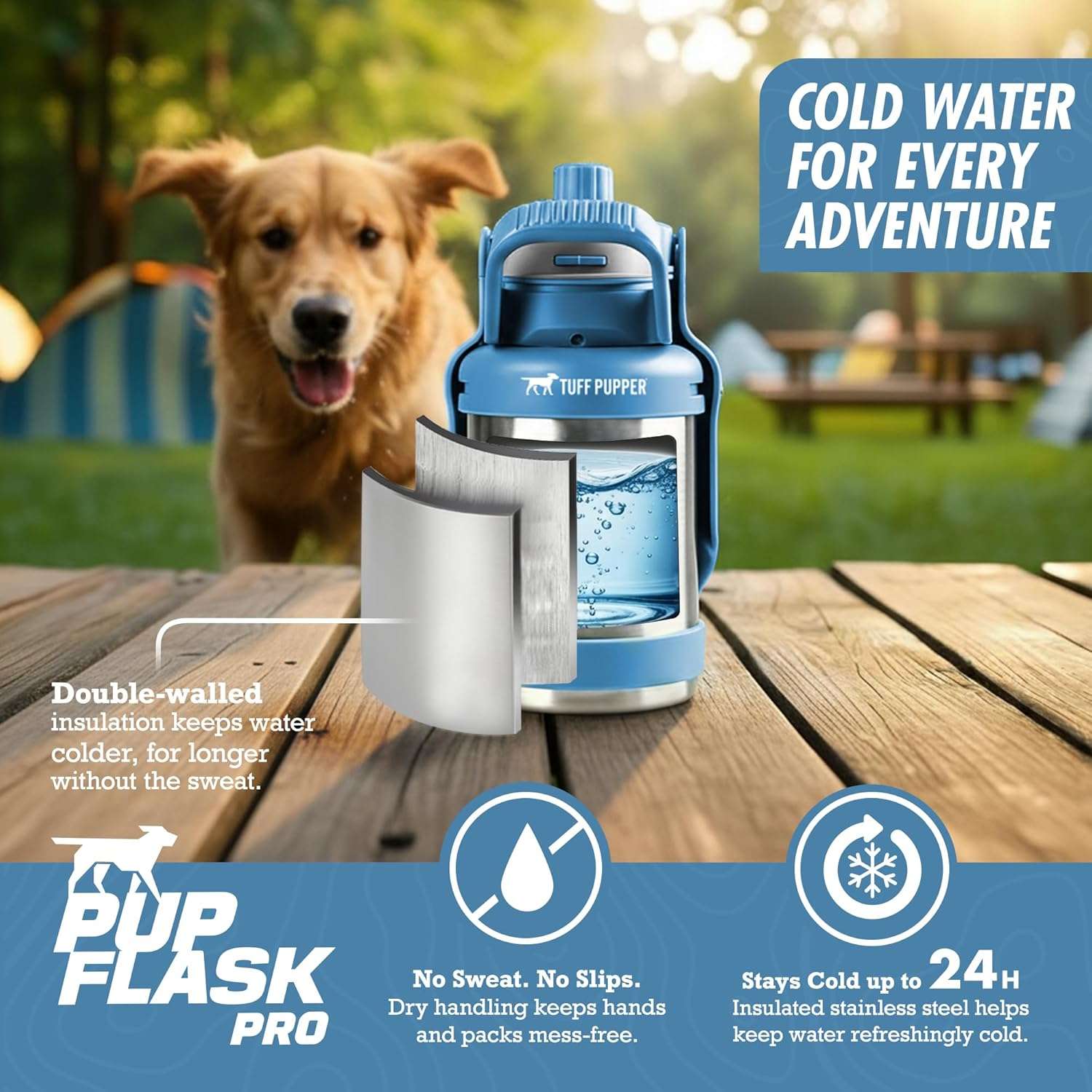 botella termica portatil de agua para perros en acero inoxidable con tazon abatible integrado y diseño a prueba de derrames
