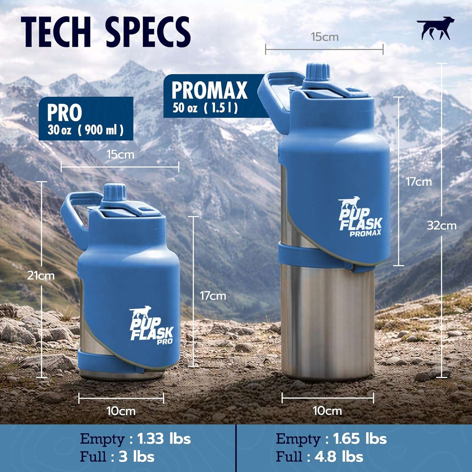 botella termica portatil de agua para perros en acero inoxidable con tazon abatible integrado y diseño a prueba de derrames