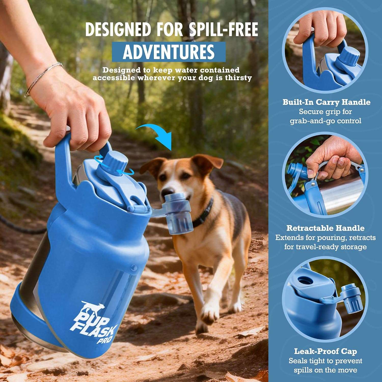 botella termica portatil de agua para perros en acero inoxidable con tazon abatible integrado y diseño a prueba de derrames
