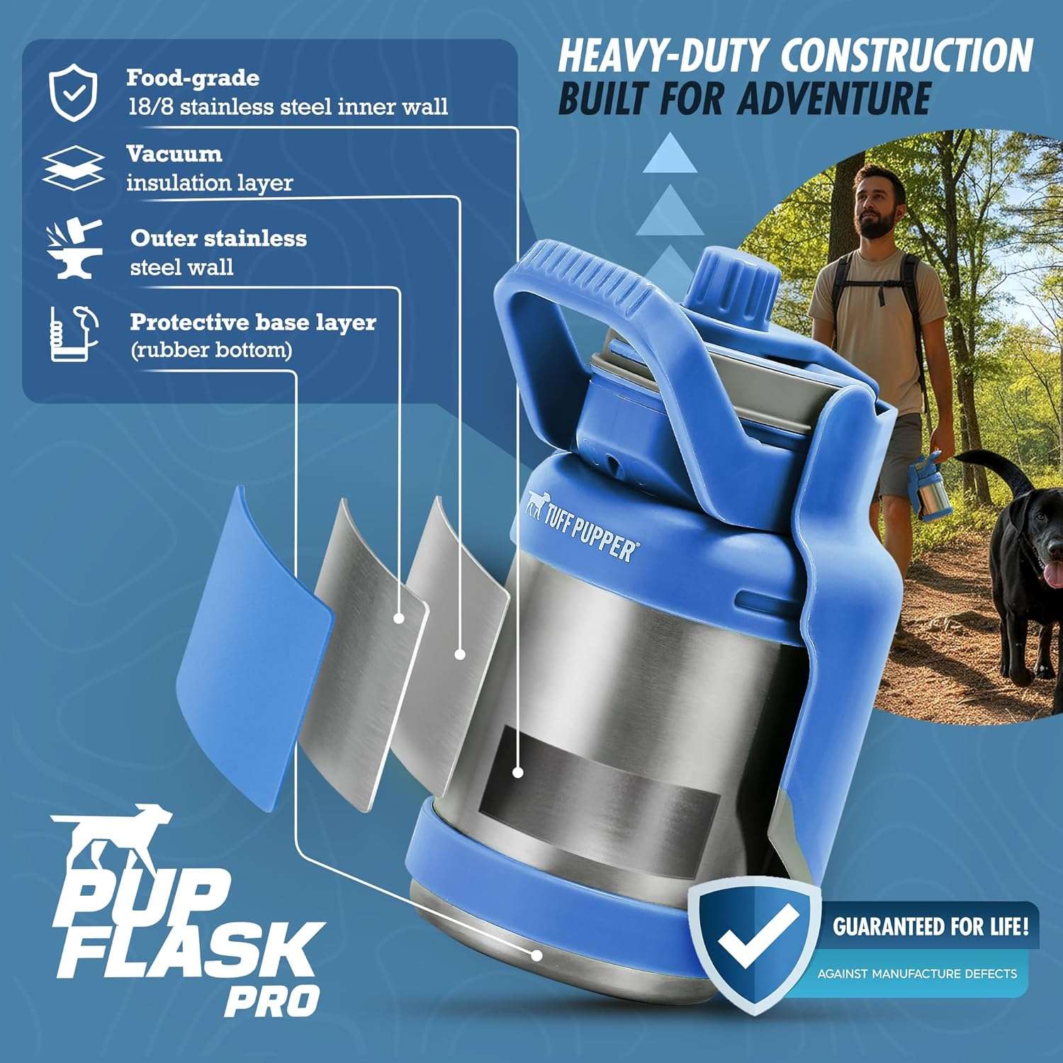 botella termica portatil de agua para perros en acero inoxidable con tazon abatible integrado y diseño a prueba de derrames