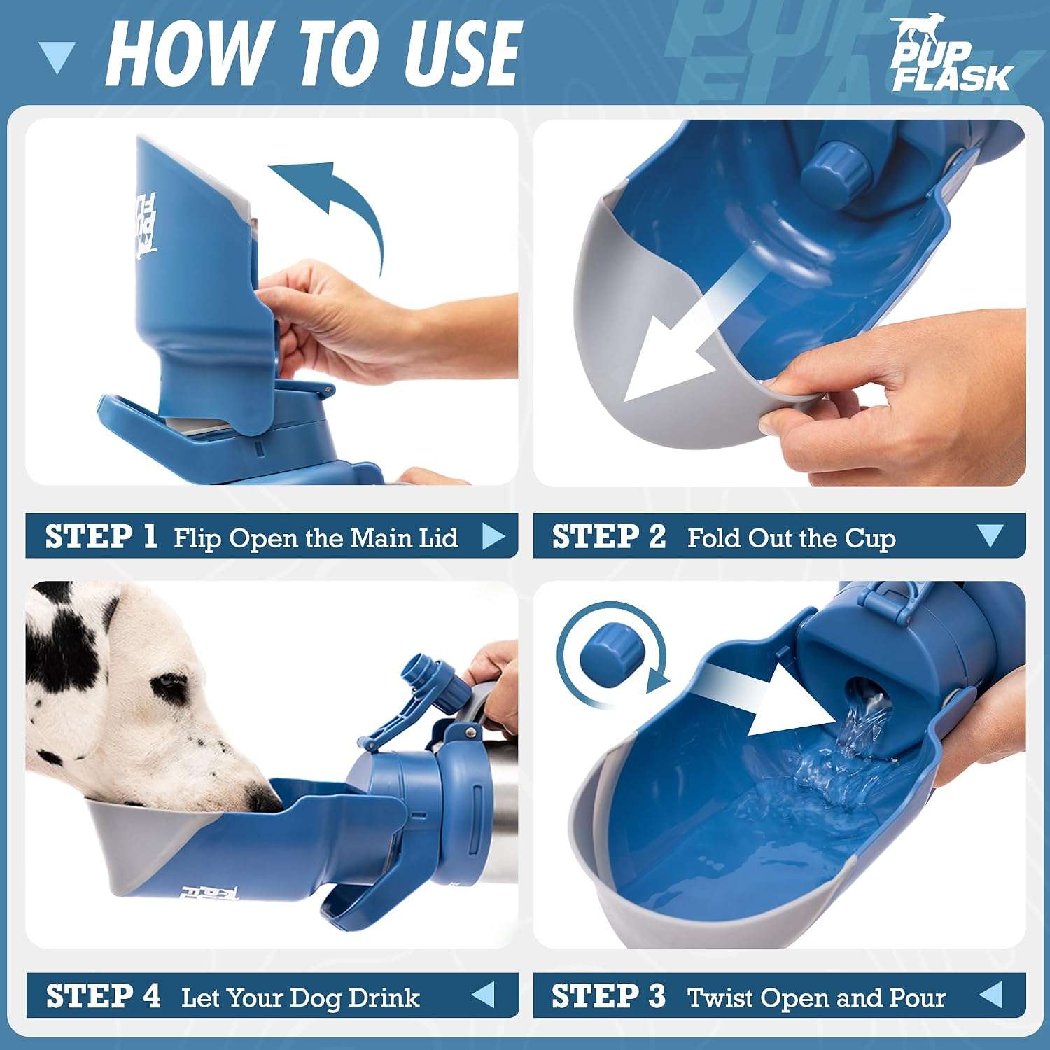 botella termica portatil de agua para perros en acero inoxidable con tazon abatible integrado y diseño a prueba de derrames