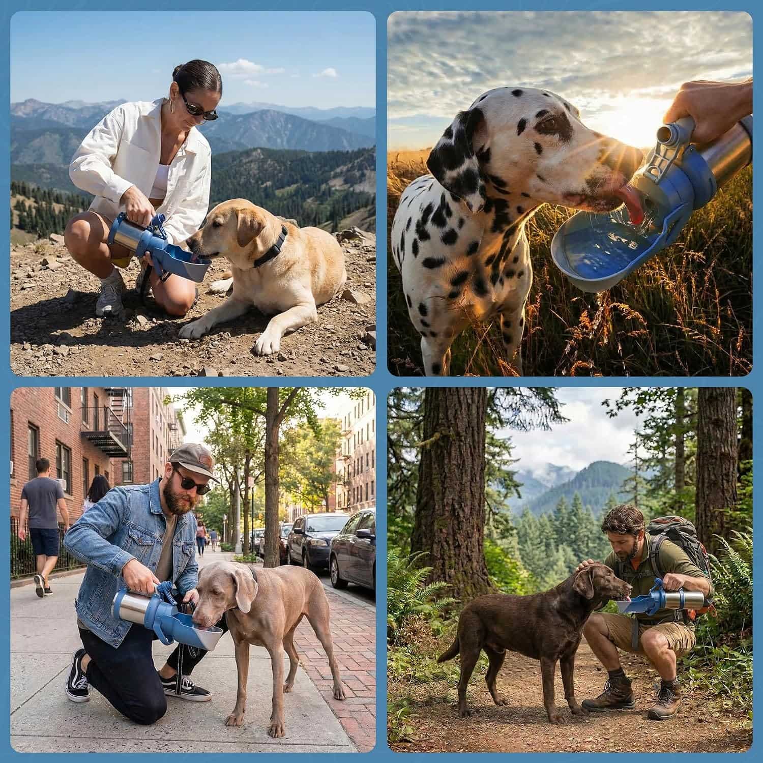 botella termica portatil de agua para perros en acero inoxidable con tazon abatible integrado y diseño a prueba de derrames