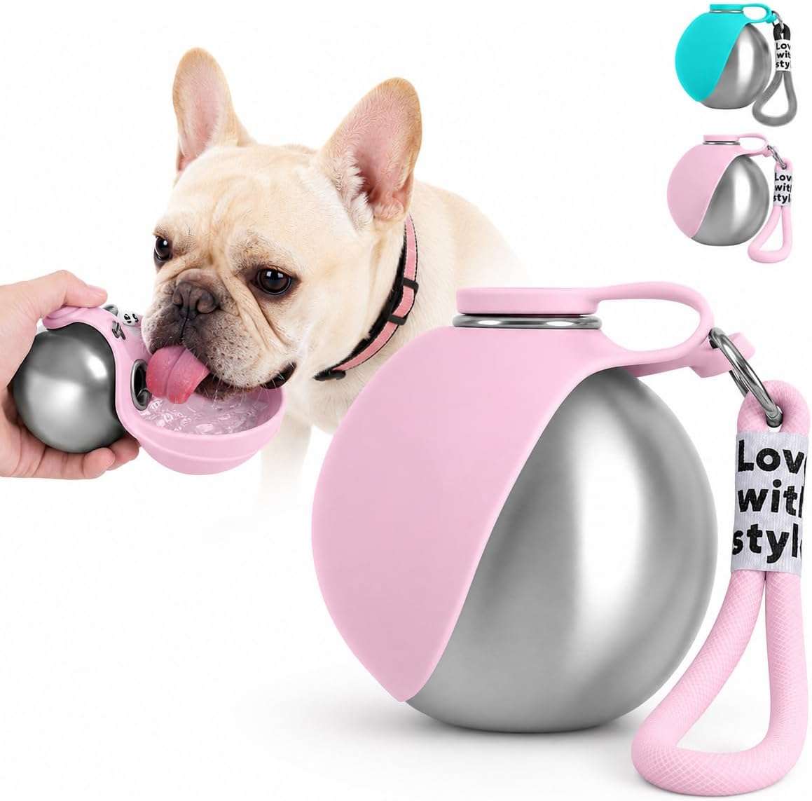 botella de agua portatil de acero inoxidable para perros con cuenco de silicona plegable y capacidad de 295 mililitros