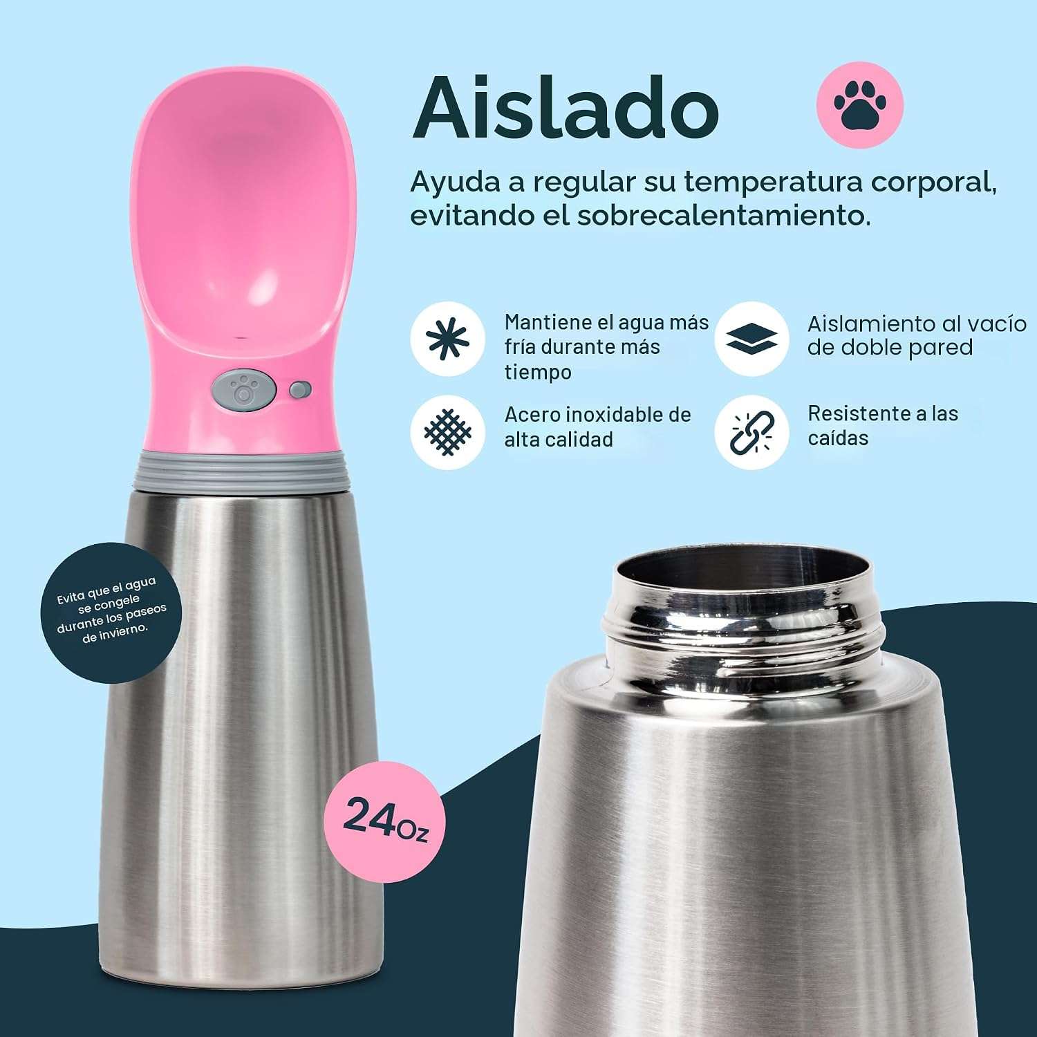 botella de agua termica portatil para perros color rosa de 709 mililitros en acero inoxidable a prueba de fugas