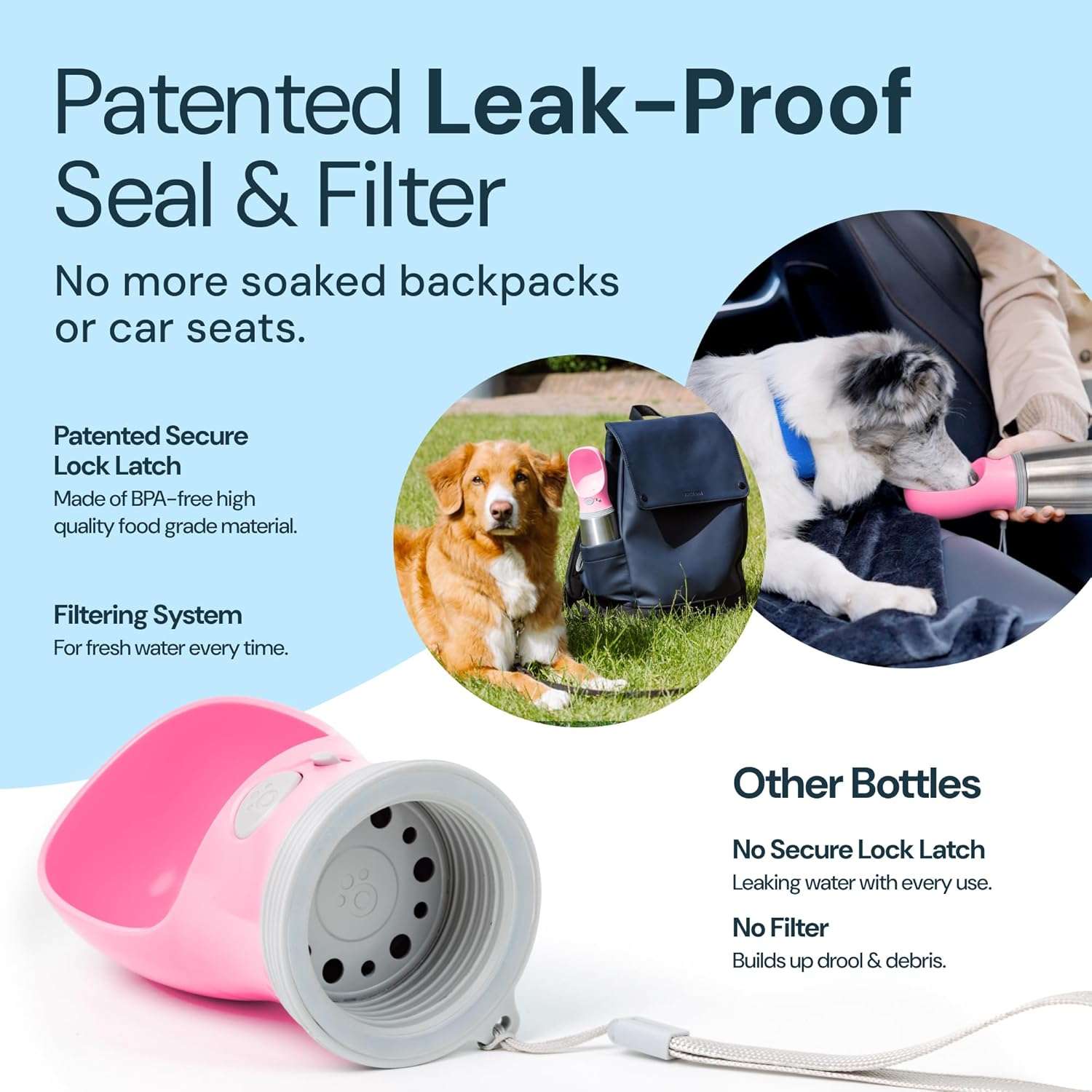 botella de agua termica portatil para perros color rosa de 709 mililitros en acero inoxidable a prueba de fugas