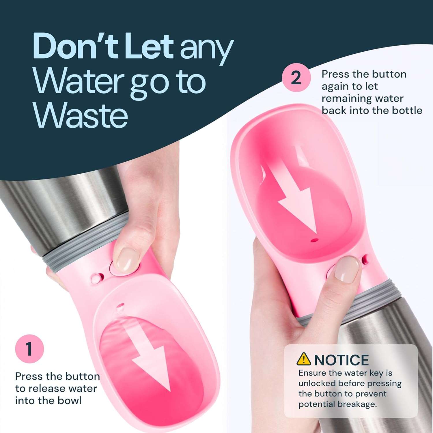 botella de agua termica portatil para perros color rosa de 709 mililitros en acero inoxidable a prueba de fugas