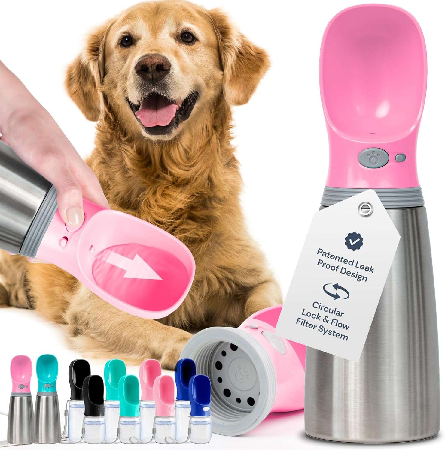 botella de agua termica portatil para perros color rosa de 709 mililitros en acero inoxidable a prueba de fugas