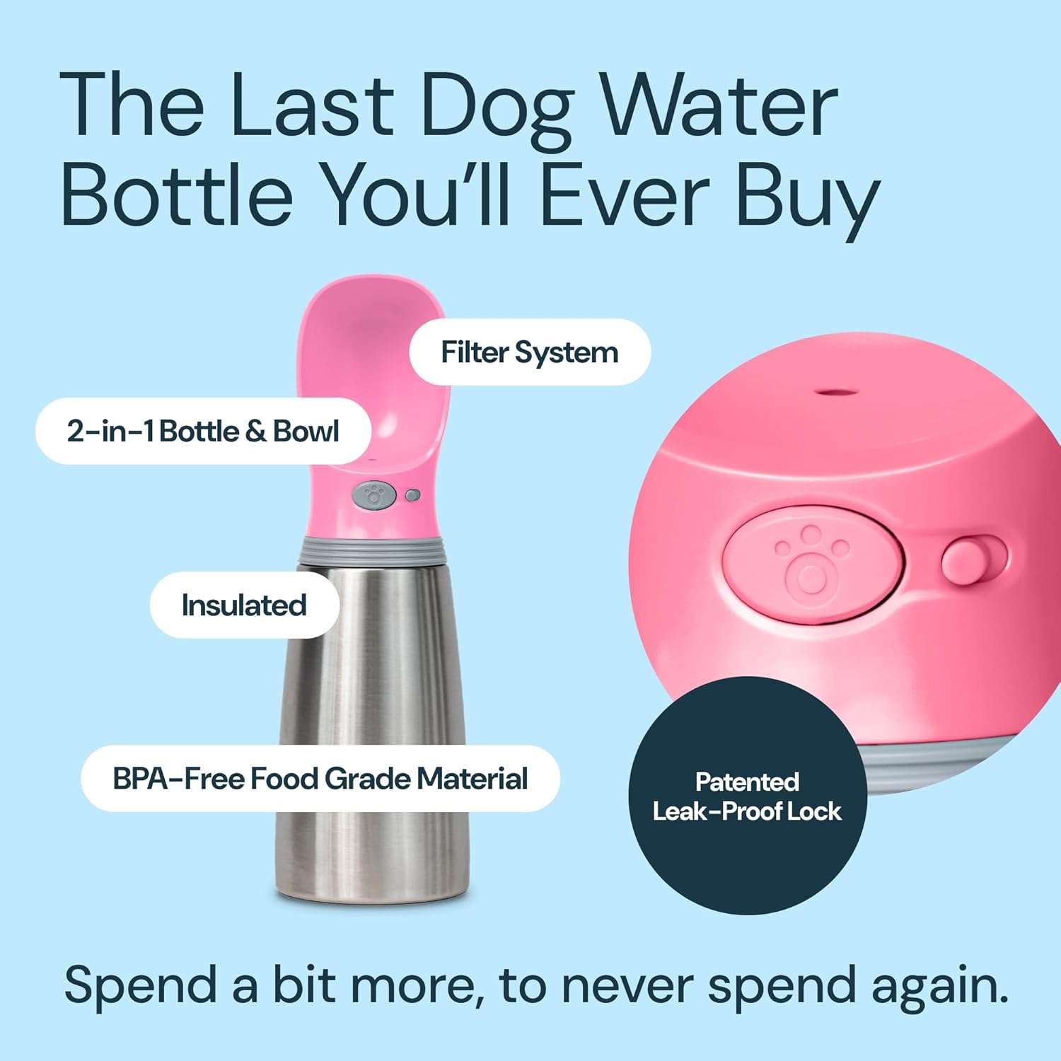 botella de agua termica portatil para perros color rosa de 709 mililitros en acero inoxidable a prueba de fugas