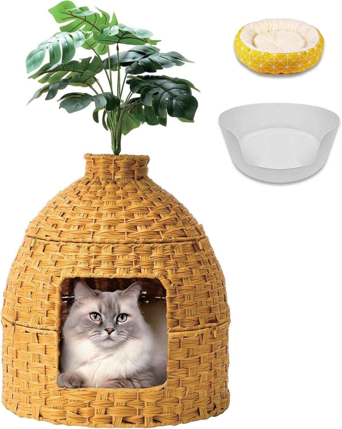 mueble arenero oculto esquinero para gatos de ratan con cama planta artificial y piedras con altura de 76.20 centimetros en chile