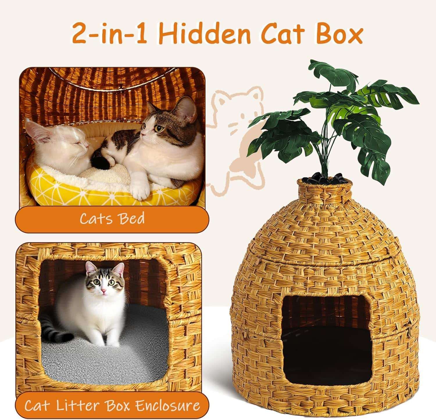 mueble arenero oculto esquinero para gatos de ratan con cama planta artificial y piedras con altura de 76.20 centimetros en chile