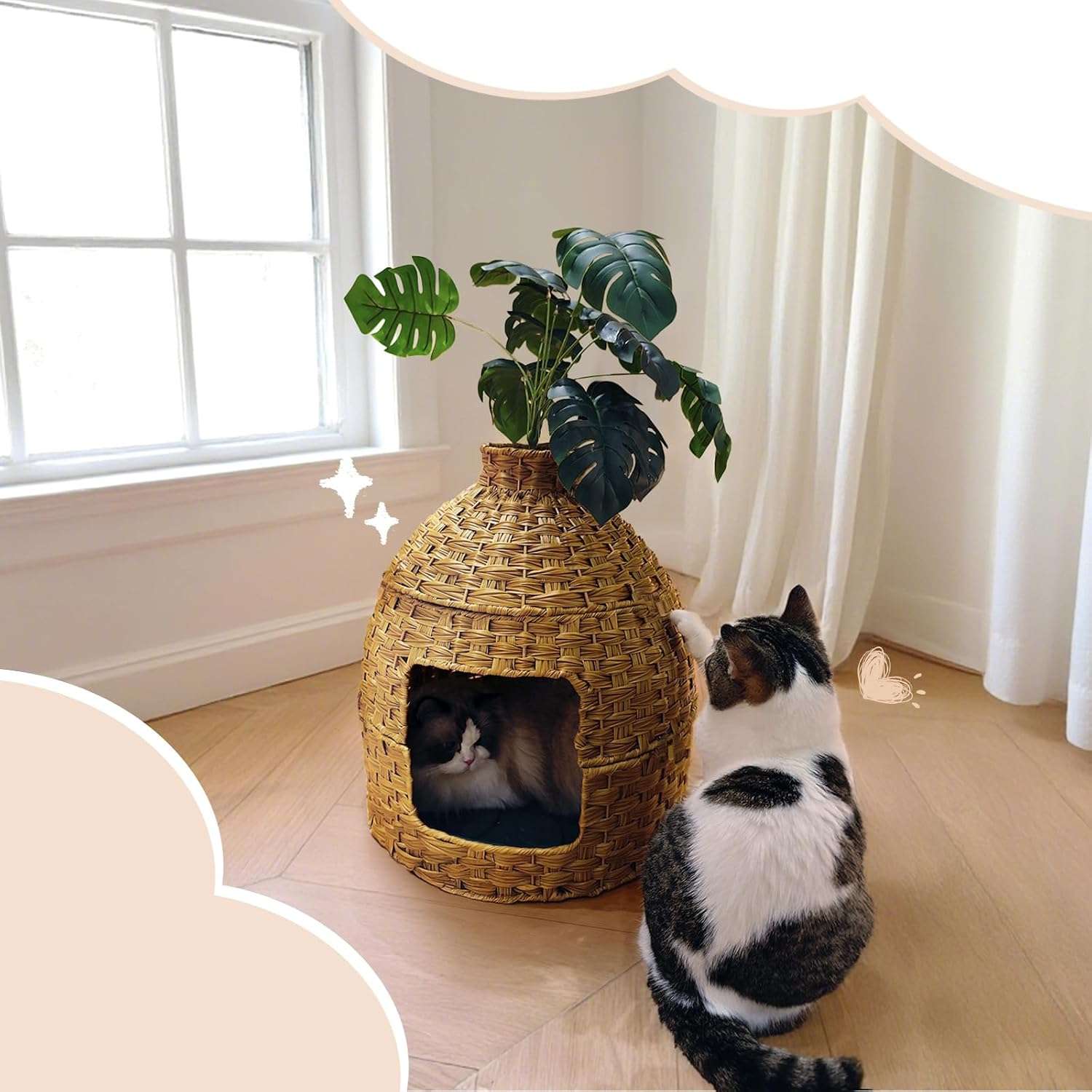 mueble arenero oculto esquinero para gatos de ratan con cama planta artificial y piedras con altura de 76.20 centimetros en chile