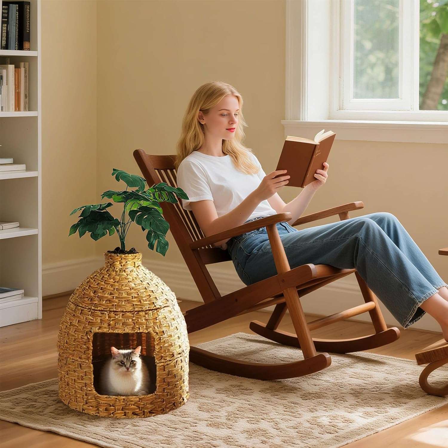 mueble arenero oculto esquinero para gatos de ratan con cama planta artificial y piedras con altura de 76.20 centimetros en chile