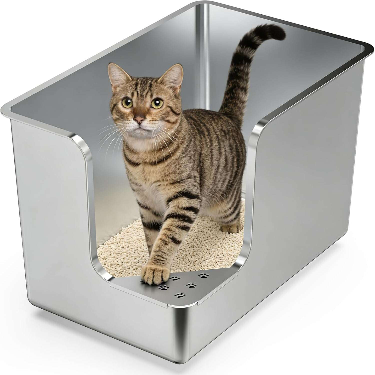 arenero extra grande de acero inoxidable para gatos con ruedas y paredes altas de 36.83 centimetros en chile