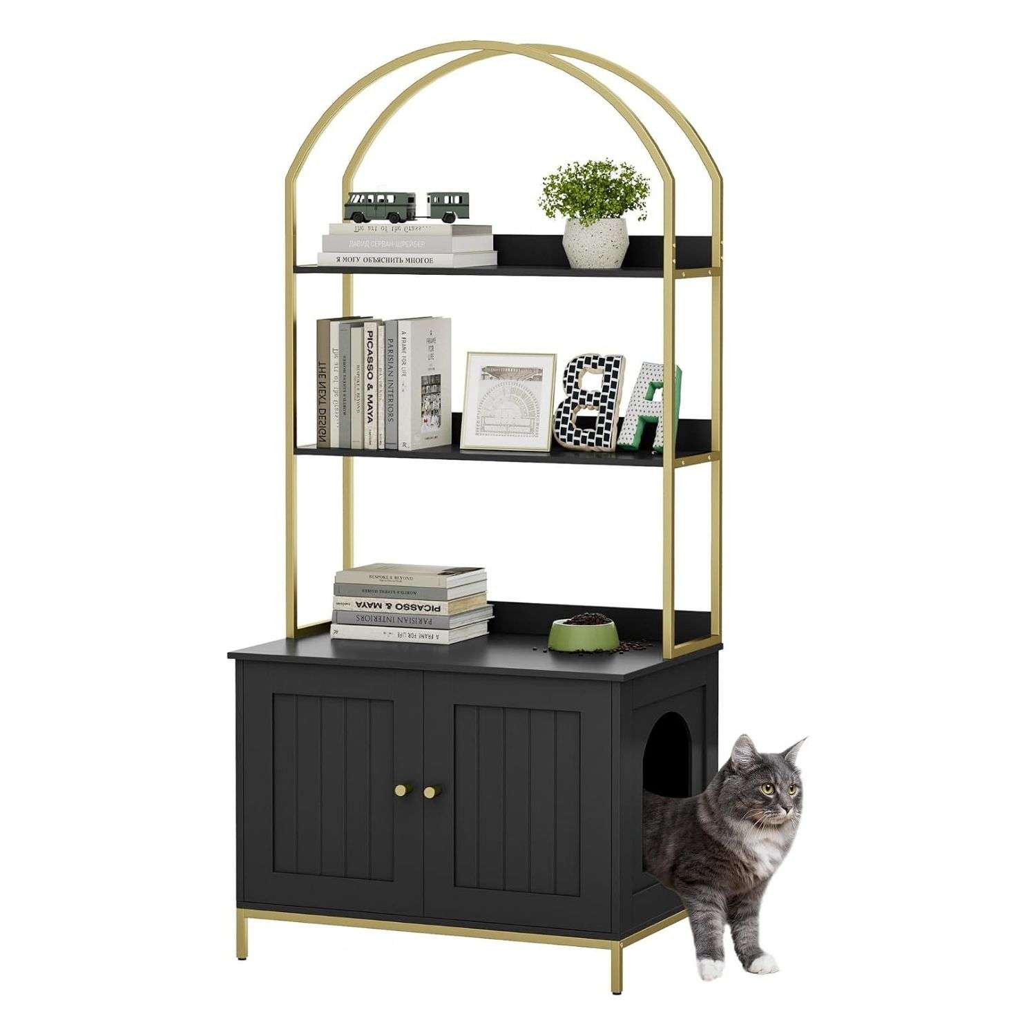 Gabinete moderno para caja de arena de gatos con estante de dos niveles y estructura metálica dorada.