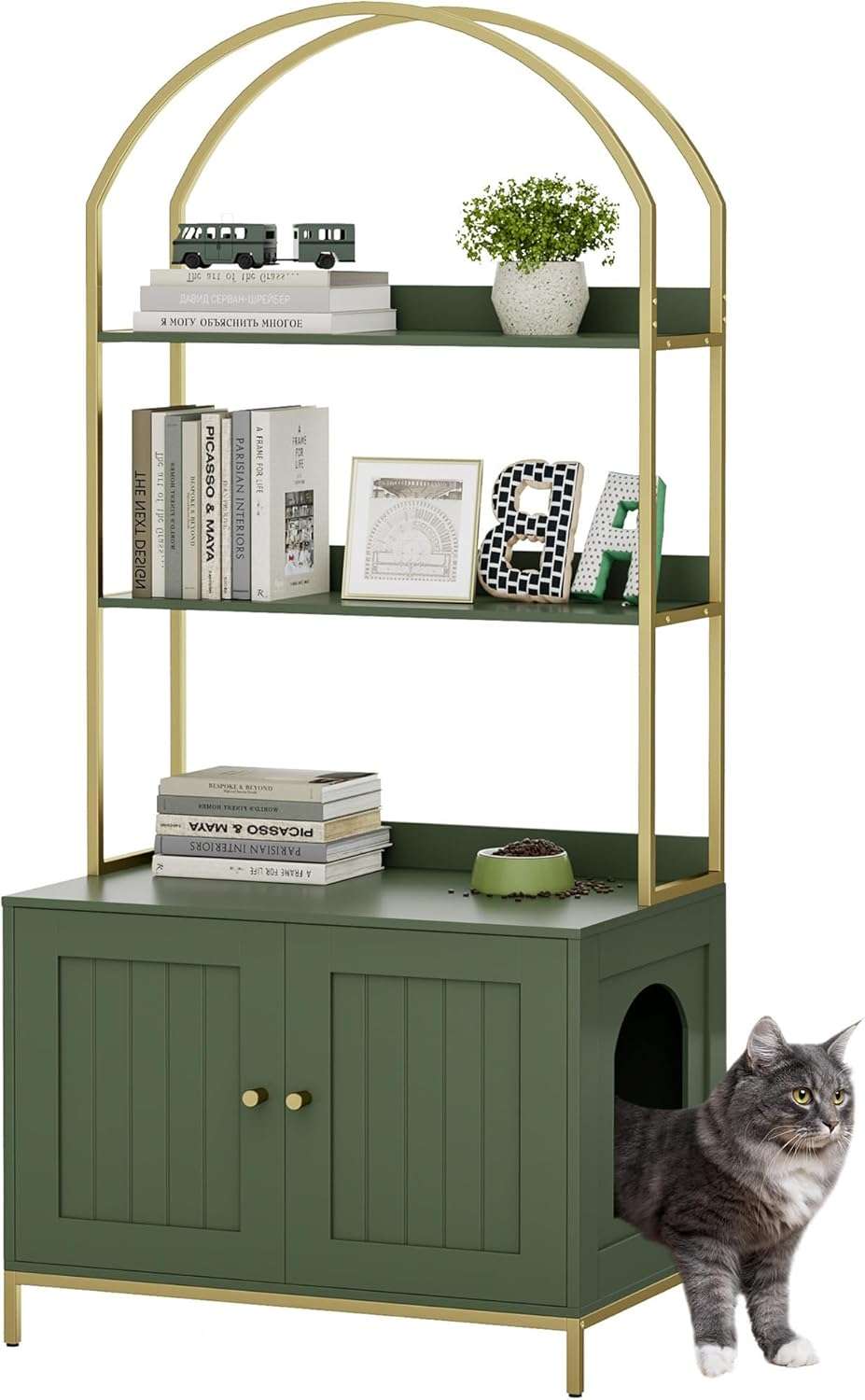 Caja De Arena Gatos Oculta Mueble Estantes Madera Y Metal 70x45x155 cm - Imagen 10