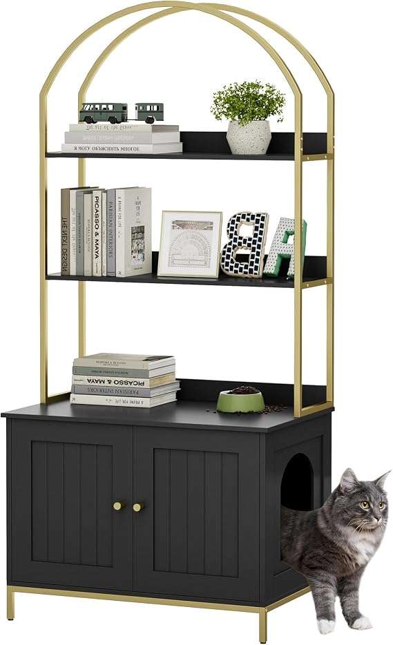 Caja De Arena Gatos Oculta Mueble Estantes Madera Y Metal 70x45x155 cm - Imagen 12