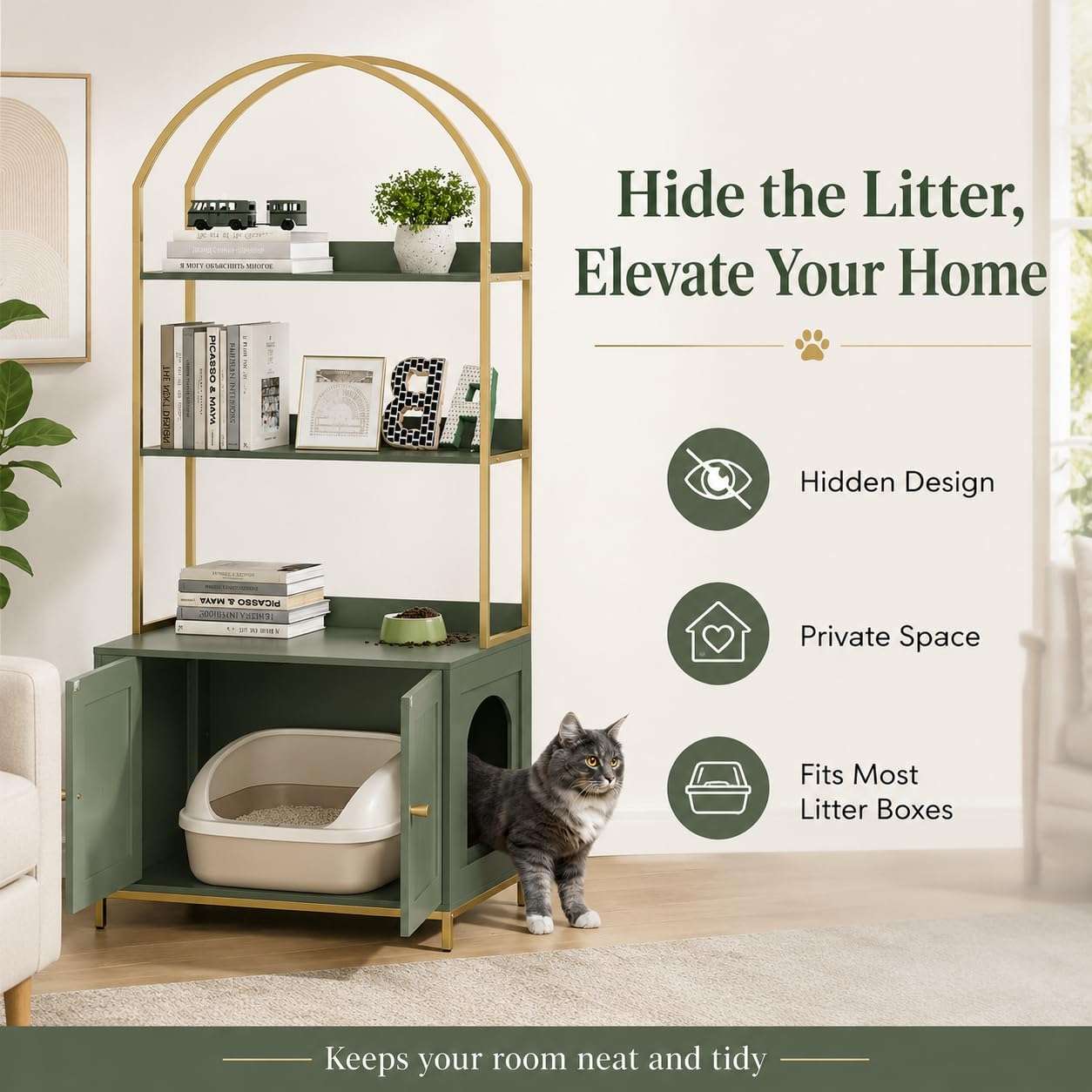Caja De Arena Gatos Oculta Mueble Estantes Madera Y Metal 70x45x155 cm - Imagen 8