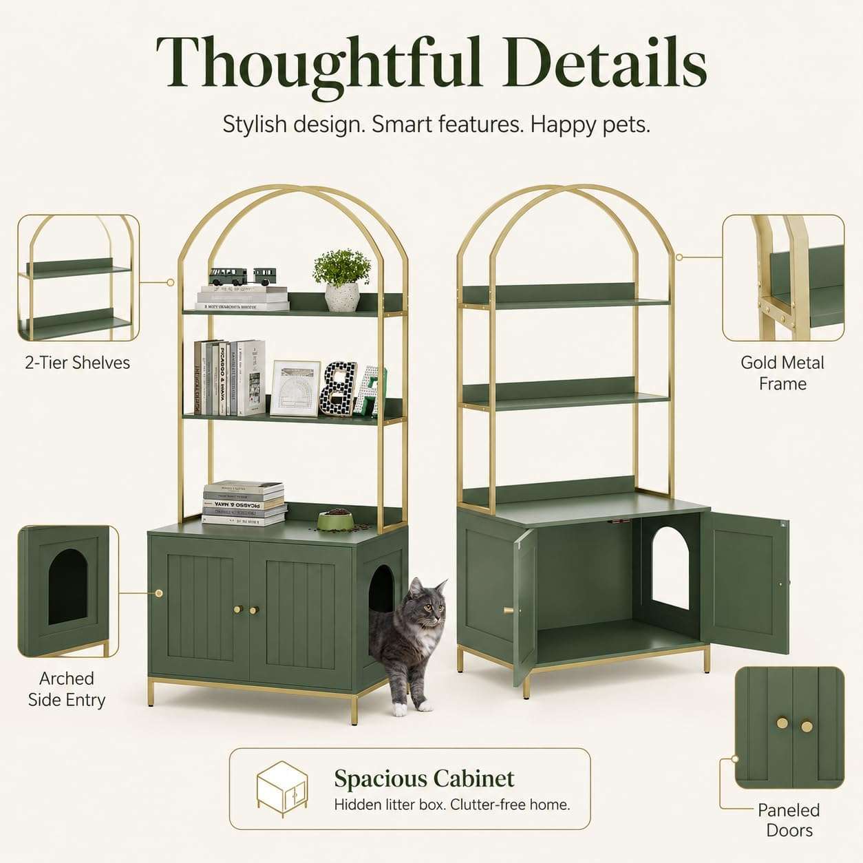 Caja De Arena Gatos Oculta Mueble Estantes Madera Y Metal 70x45x155 cm - Imagen 2