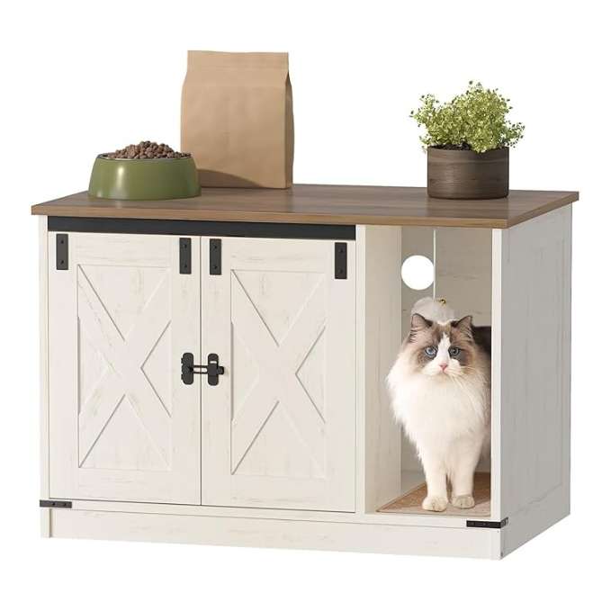 Mueble arenero de madera rústico estilo granja con diseño de pasillo curvo para gatos.