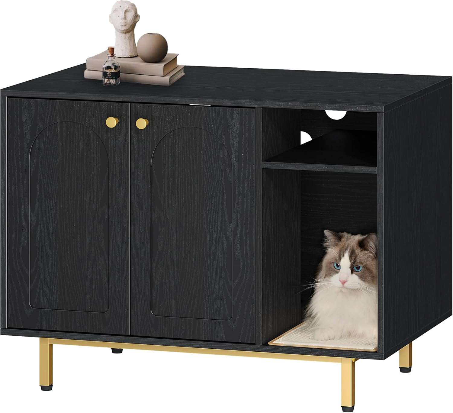 mueble arenero oculto para gatos Hzuaneri de madera negro y dorado con alfombra de sisal base de 10.92 centimetros en chile