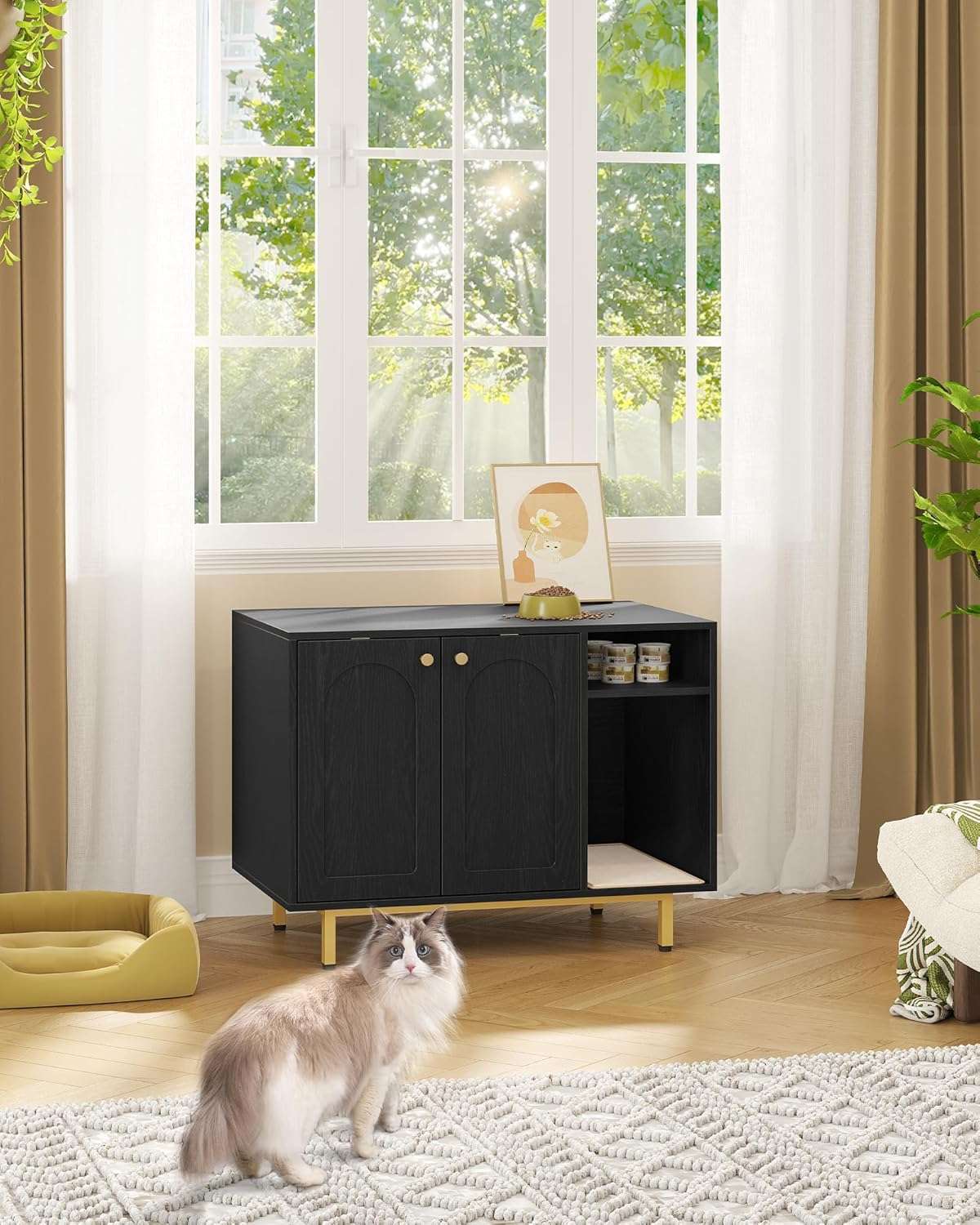 mueble arenero oculto para gatos Hzuaneri de madera negro y dorado con alfombra de sisal base de 10.92 centimetros en chile