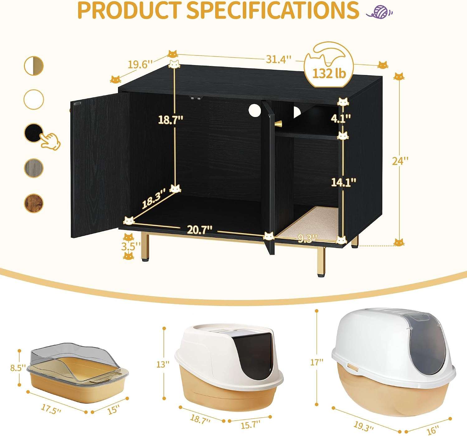 mueble arenero oculto para gatos Hzuaneri de madera negro y dorado con alfombra de sisal base de 10.92 centimetros en chile