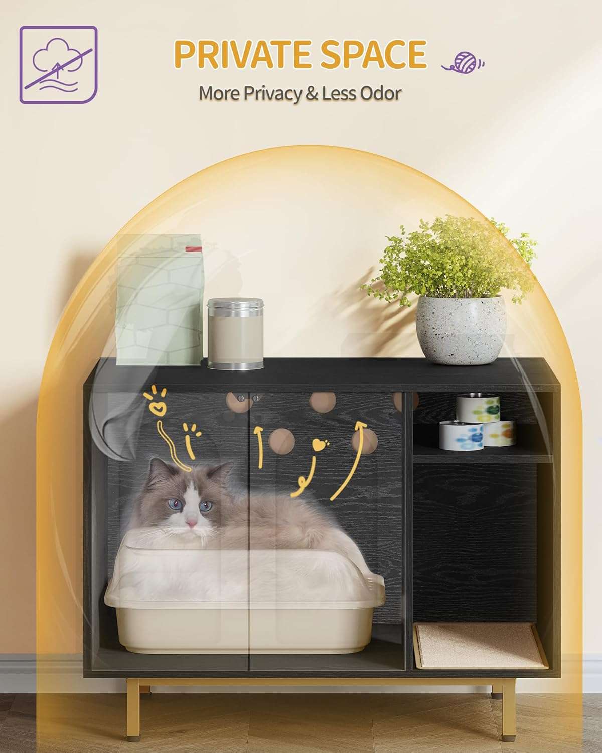 mueble arenero oculto para gatos Hzuaneri de madera negro y dorado con alfombra de sisal base de 10.92 centimetros en chile