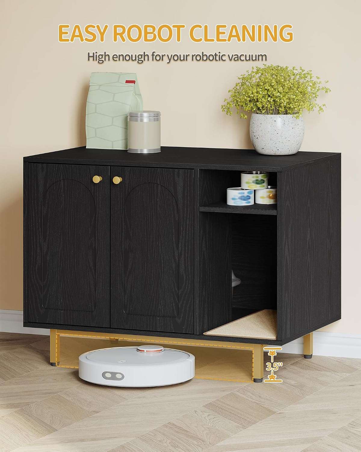 mueble arenero oculto para gatos Hzuaneri de madera negro y dorado con alfombra de sisal base de 10.92 centimetros en chile