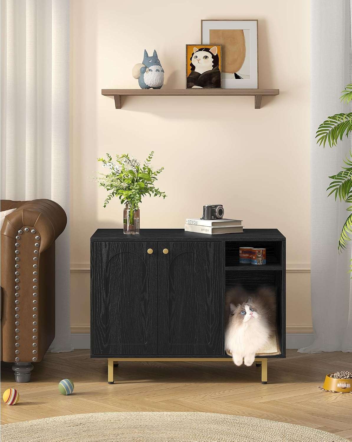 mueble arenero oculto para gatos Hzuaneri de madera negro y dorado con alfombra de sisal base de 10.92 centimetros en chile