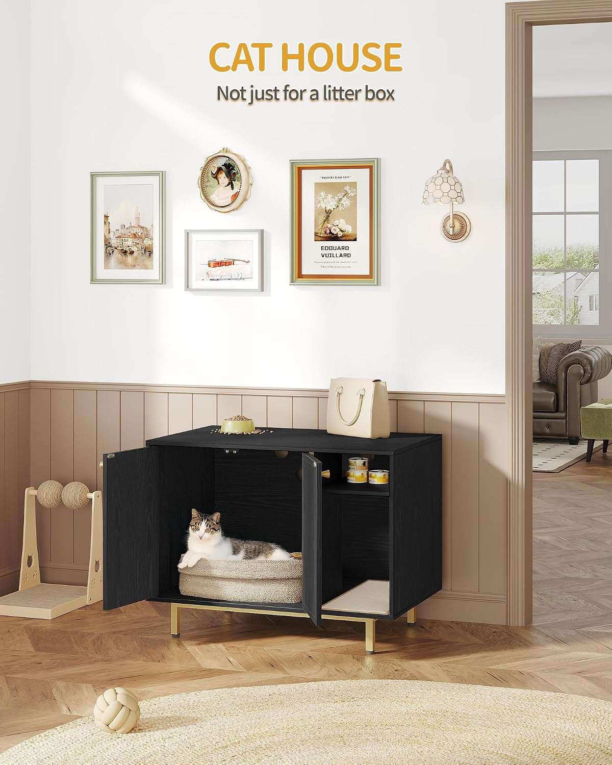 mueble arenero oculto para gatos Hzuaneri de madera negro y dorado con alfombra de sisal base de 10.92 centimetros en chile