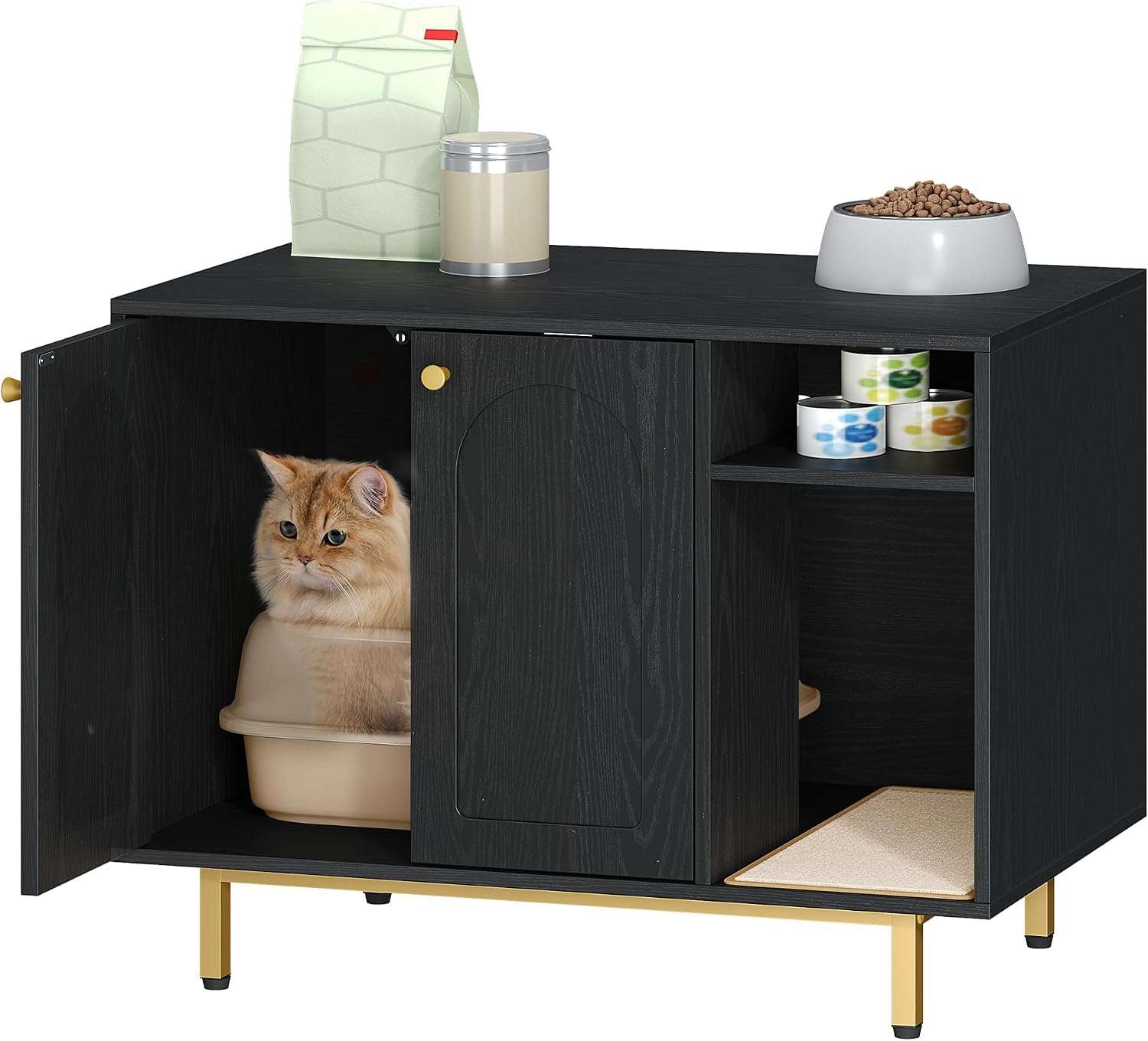 mueble arenero oculto para gatos Hzuaneri de madera negro y dorado con alfombra de sisal base de 10.92 centimetros en chile