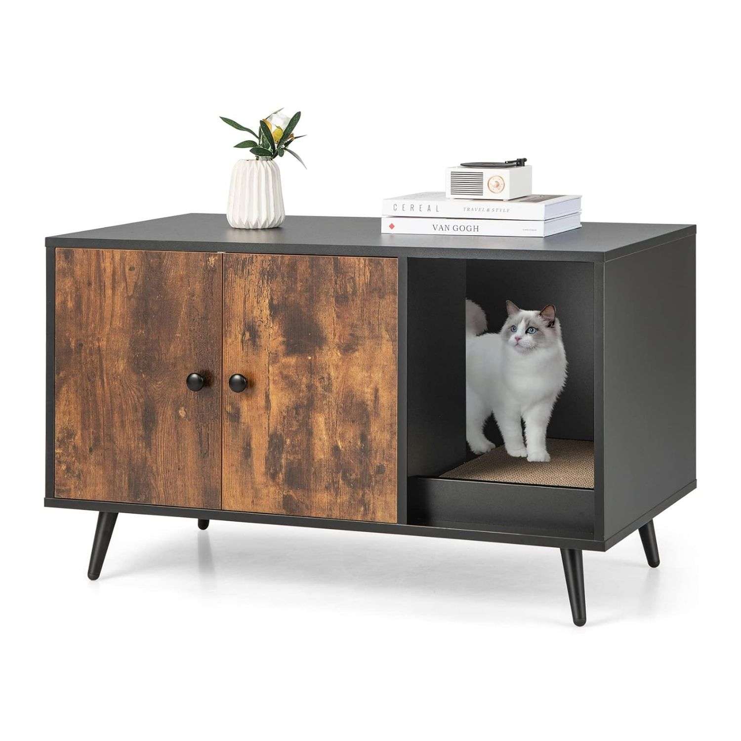 Mueble arenero para gatos Tangkula de color marrón con tabla rascadora y patas metálicas.