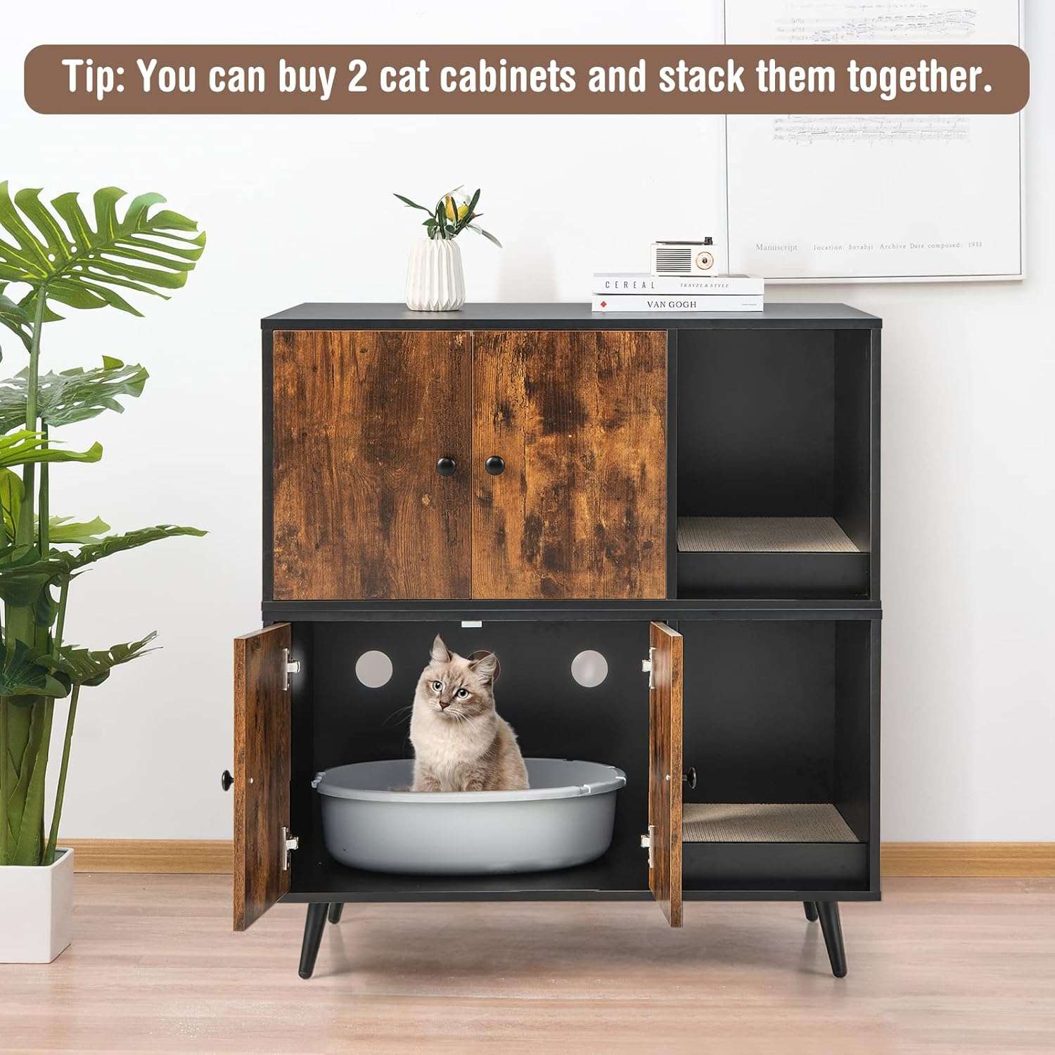 Caja De Arena Gatos Oculta Mueble Madera Patas Metal 57x48x39 cm - Imagen 2