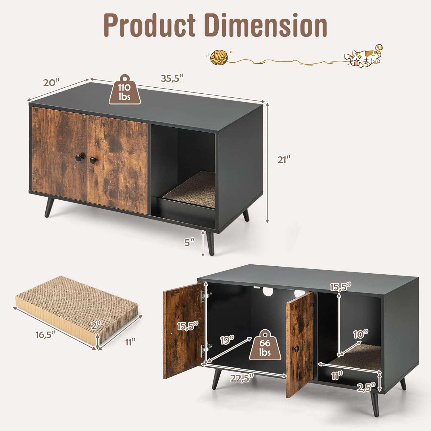 Caja De Arena Gatos Oculta Mueble Madera Patas Metal 57x48x39 cm - Imagen 9