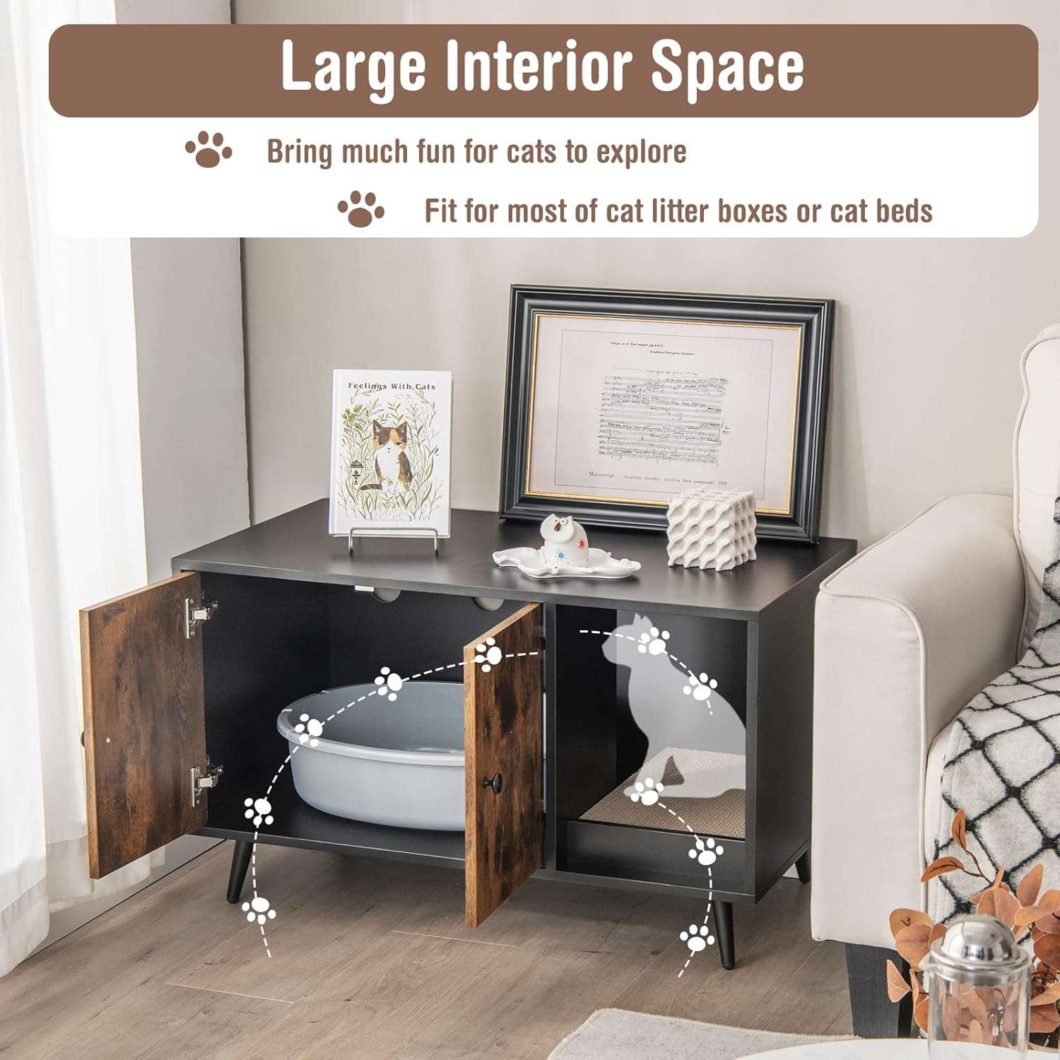 Caja De Arena Gatos Oculta Mueble Madera Patas Metal 57x48x39 cm - Imagen 4