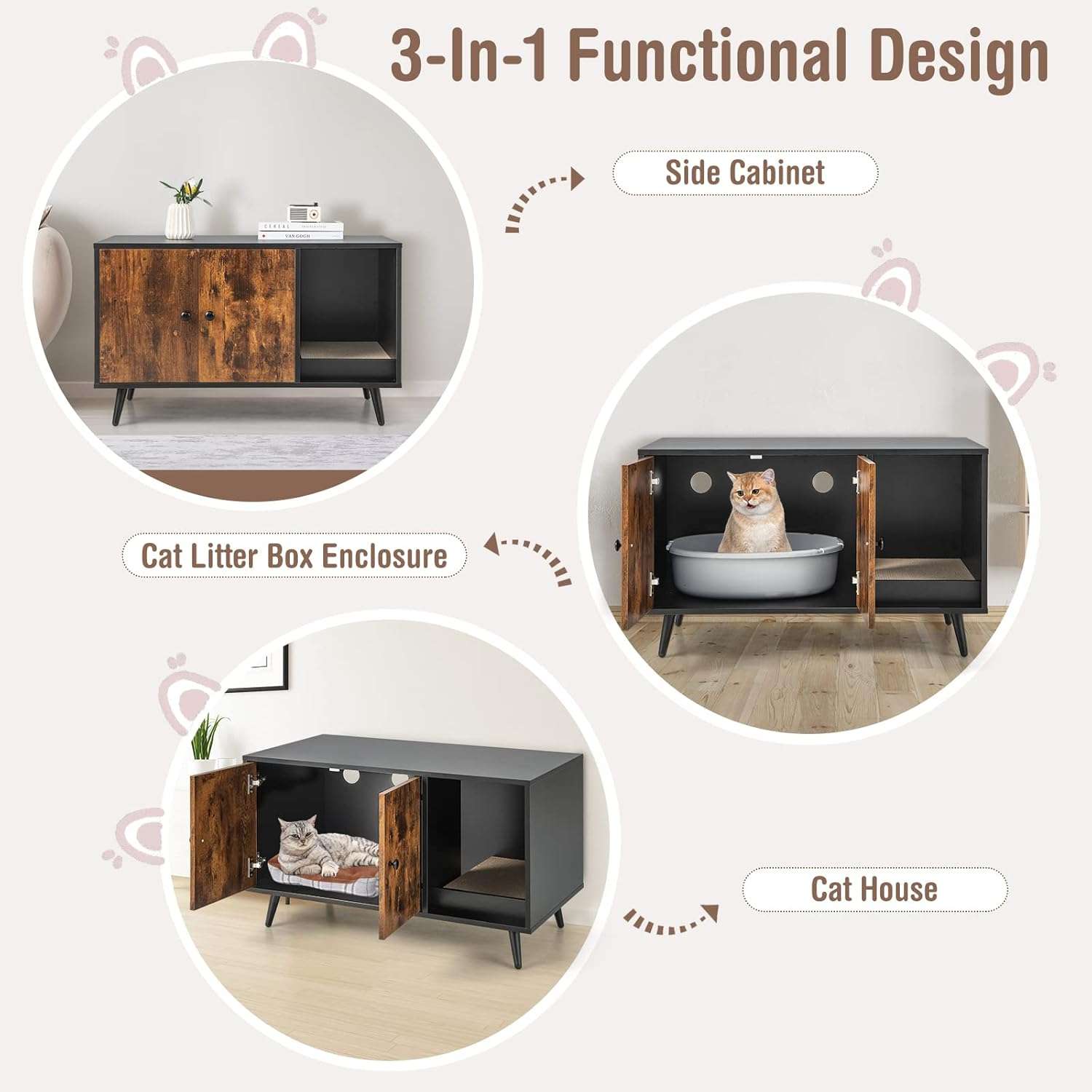 Caja De Arena Gatos Oculta Mueble Madera Patas Metal 57x48x39 cm - Imagen 3