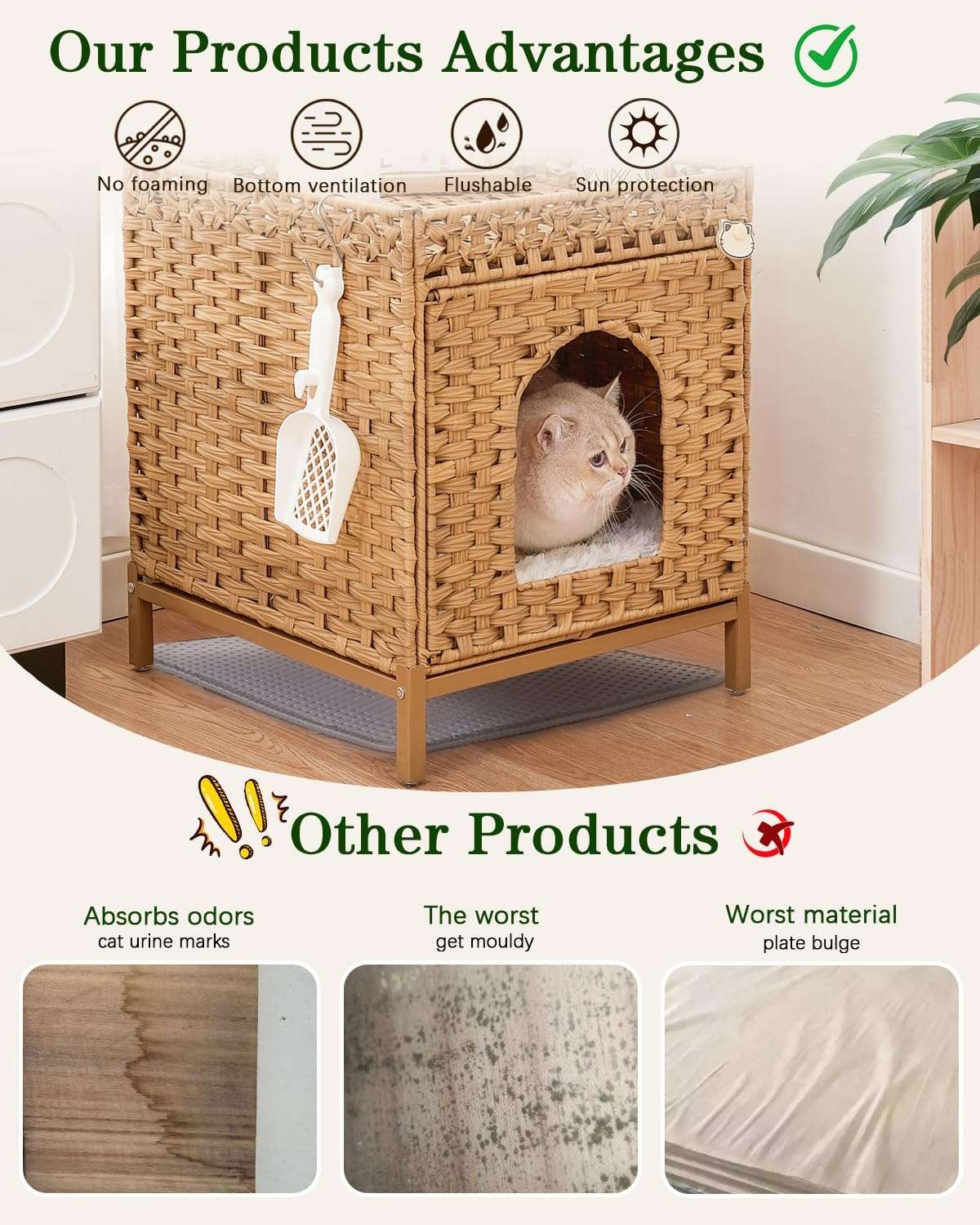 mueble arenero oculto para gatos SETVSON de ratan tejido a mano con medidas de 46.99 por 52.07 por 58.93 centimetros en chile