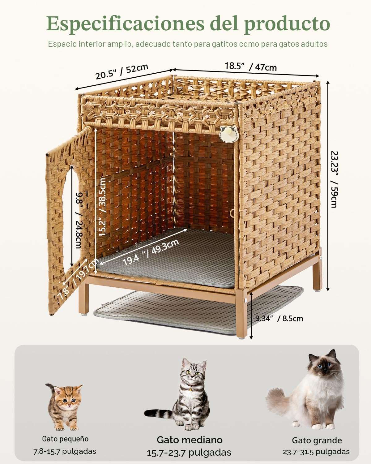 mueble arenero oculto para gatos SETVSON de ratan tejido a mano con medidas de 46.99 por 52.07 por 58.93 centimetros en chile